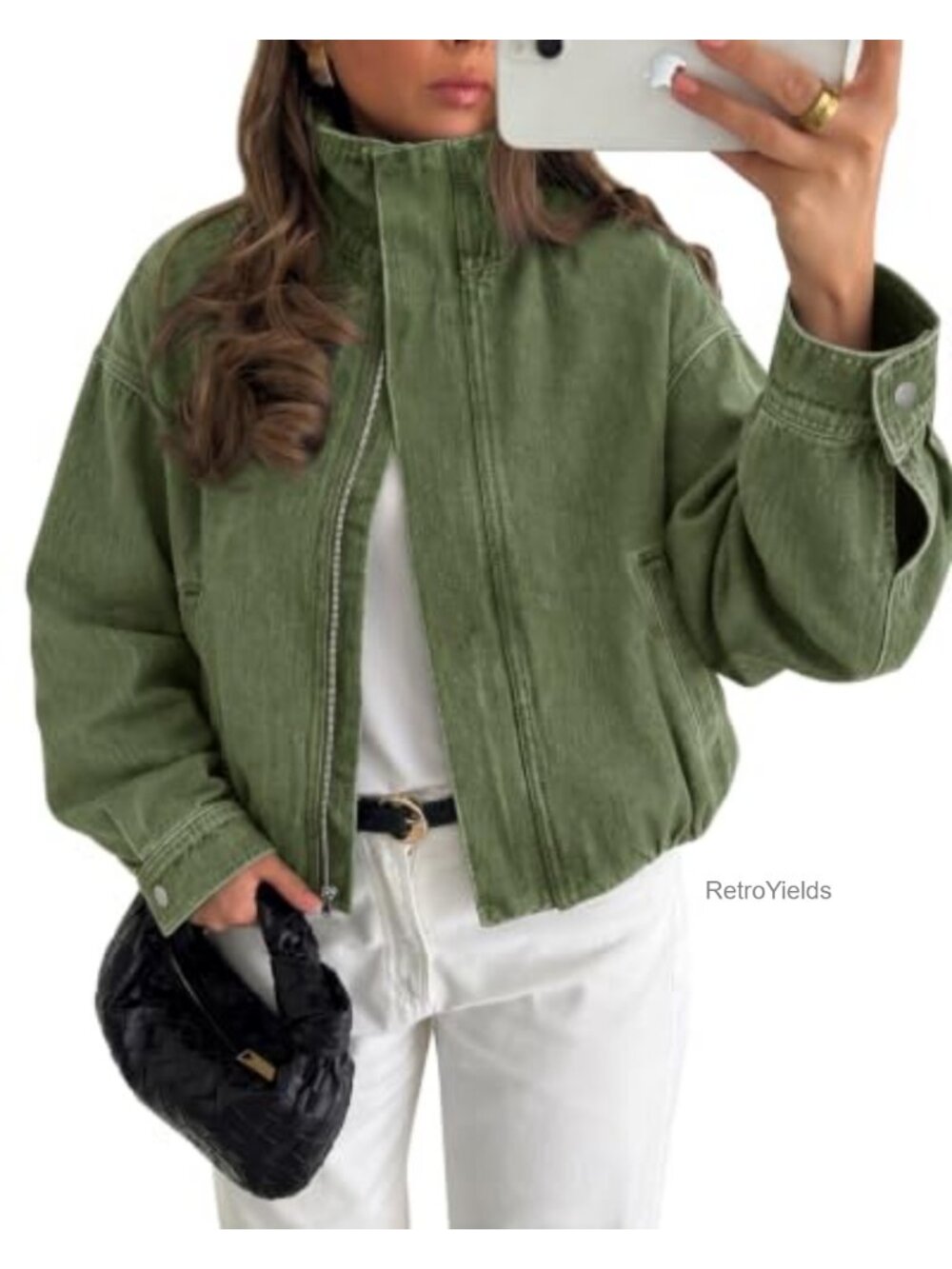 Cropped Denim Bomber Jacket Zip Up Stand Collar Jean Coat